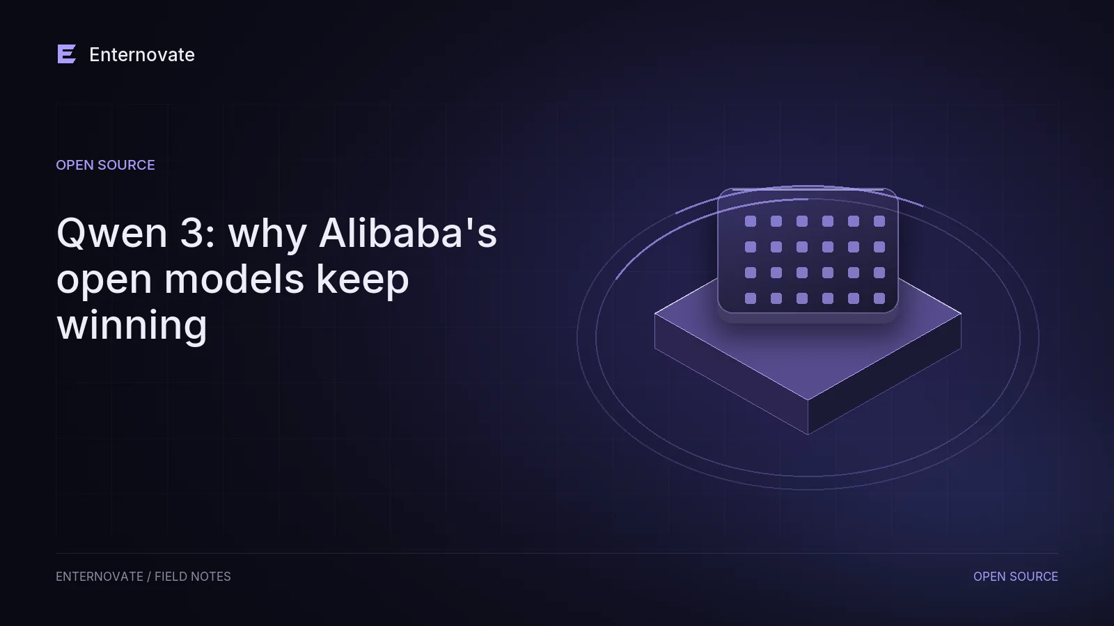 Editorial illustration for “Qwen 3: why Alibaba's open models keep winning”: local motif in dark indigo and lavender.