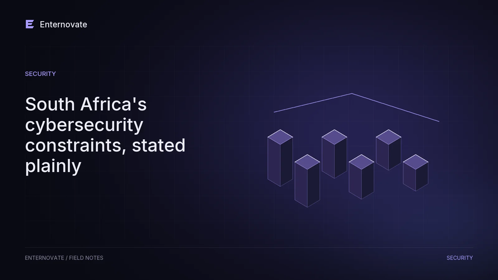 Editorial illustration for “South Africa's cybersecurity constraints, stated plainly”: constraints motif in dark indigo and lavender.